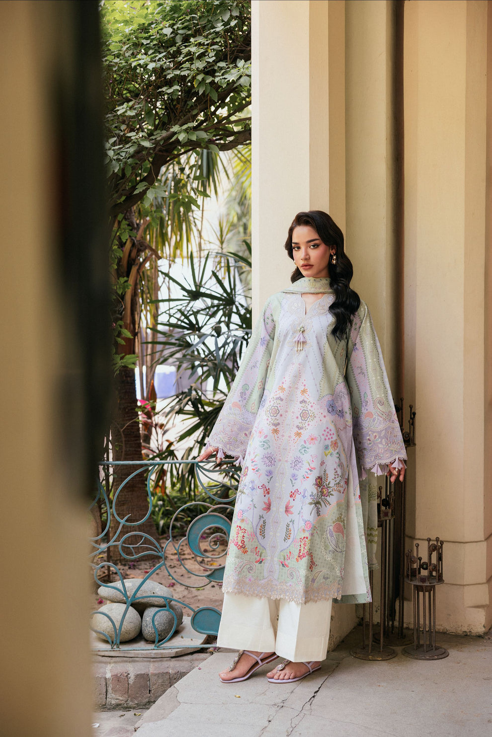 Unstitched 3 Piece Digital Printed Lawn Suit with Embroidered Organza Neckline, Hem & Sleeves Borders | Chiffon Dupatta