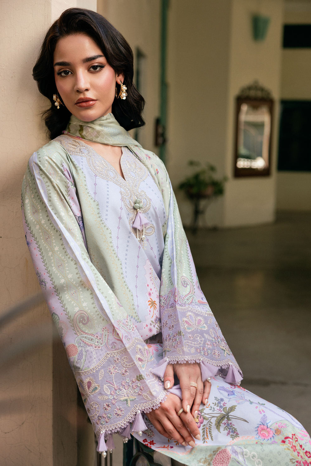 Unstitched 3 Piece Digital Printed Lawn Suit with Embroidered Organza Neckline, Hem & Sleeves Borders | Chiffon Dupatta