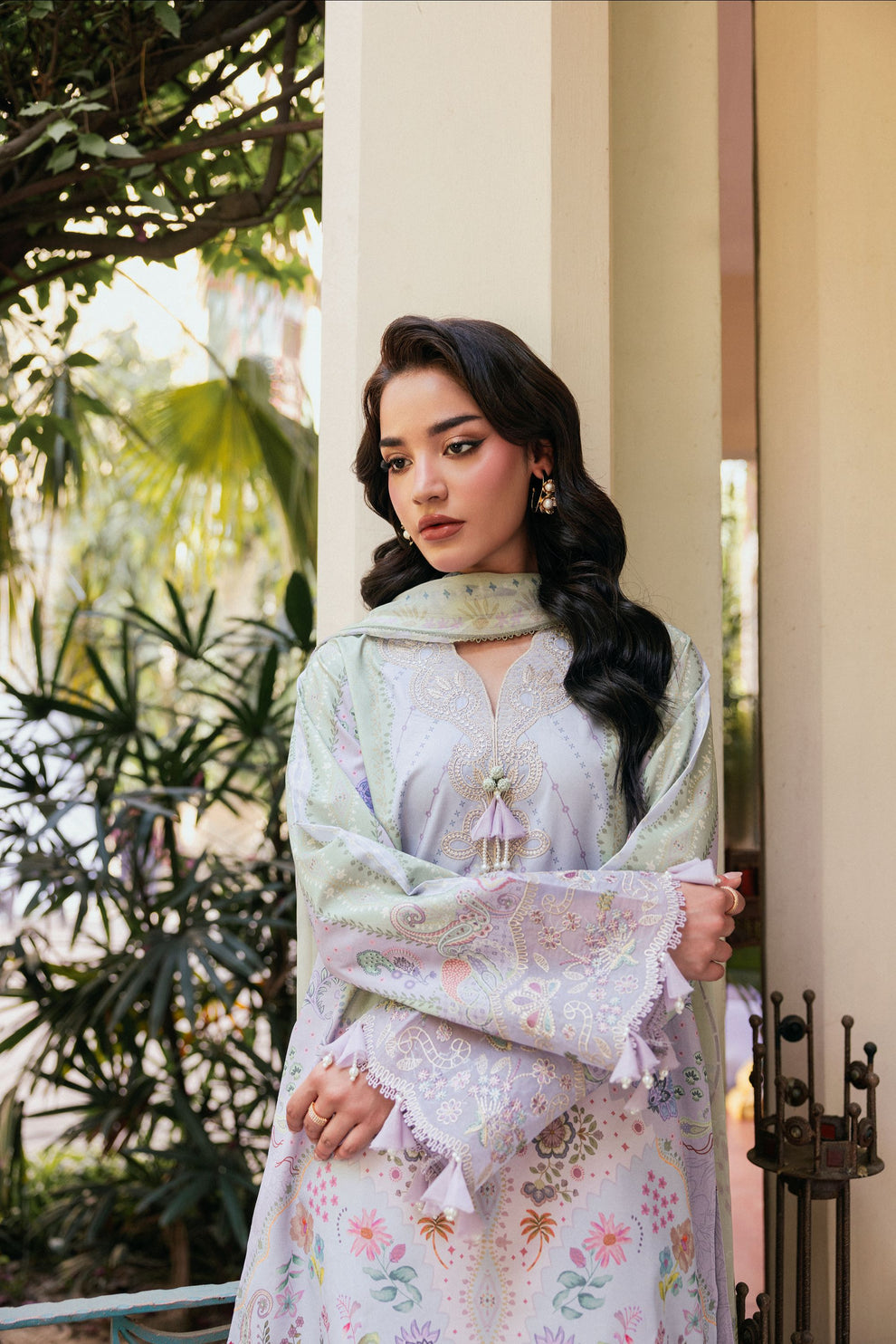 Unstitched 3 Piece Digital Printed Lawn Suit with Embroidered Organza Neckline, Hem & Sleeves Borders | Chiffon Dupatta