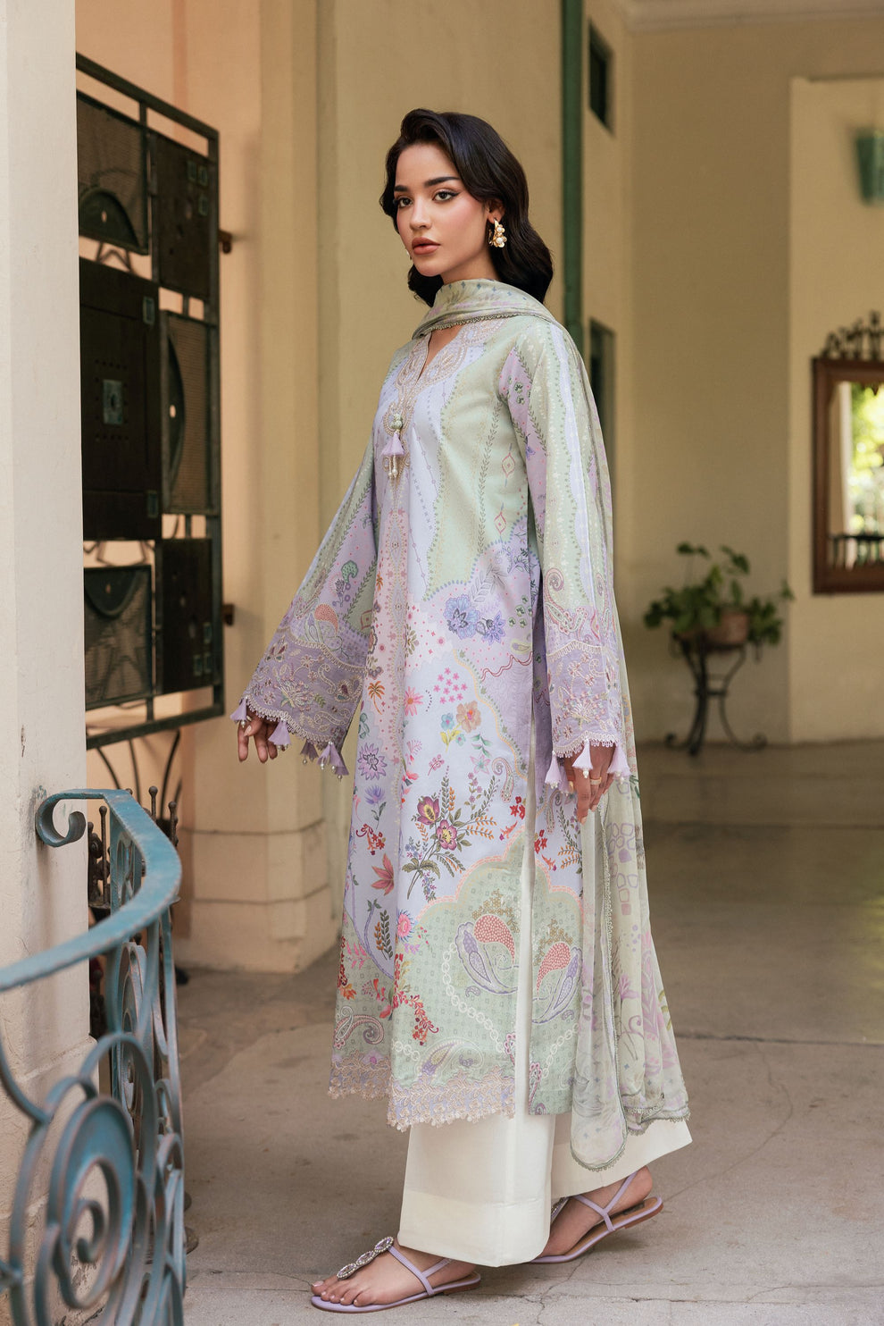 Unstitched 3 Piece Digital Printed Lawn Suit with Embroidered Organza Neckline, Hem & Sleeves Borders | Chiffon Dupatta