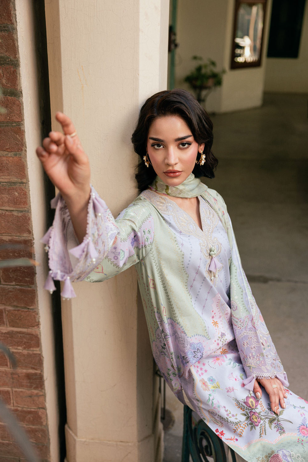 Unstitched 3 Piece Digital Printed Lawn Suit with Embroidered Organza Neckline, Hem & Sleeves Borders | Chiffon Dupatta