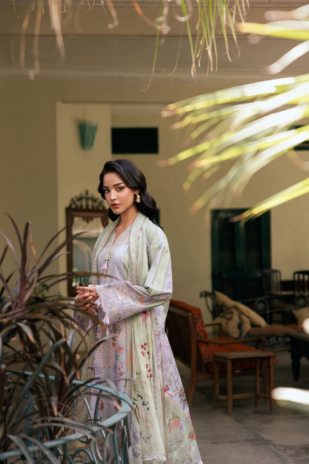 Unstitched 3 Piece Digital Printed Lawn Suit with Embroidered Organza Neckline, Hem & Sleeves Borders | Chiffon Dupatta