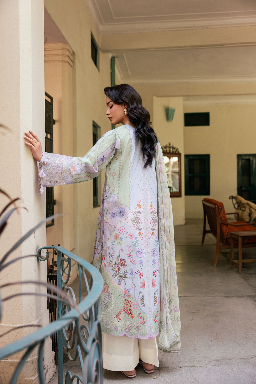 Unstitched 3 Piece Digital Printed Lawn Suit with Embroidered Organza Neckline, Hem & Sleeves Borders | Chiffon Dupatta