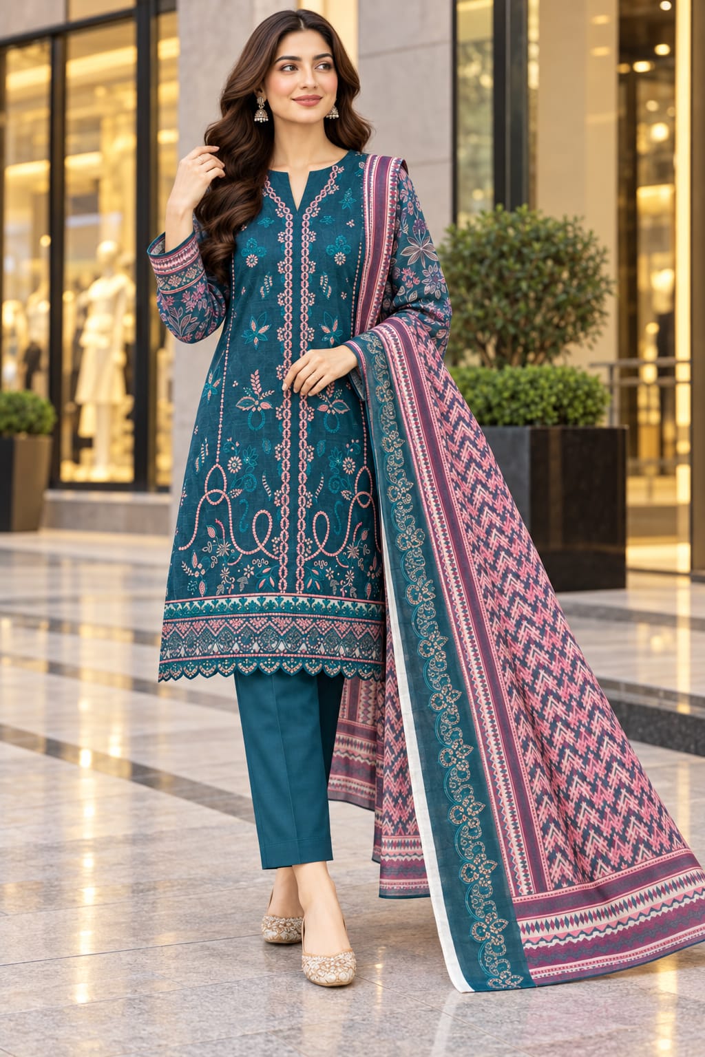 Unstitched Luxury Shine Lawn 3 Piece Embroidered Suit | Front Embroidered Lawn Shirt with Printed Back & Sleeves, Embroidered Dupatta & Dyed Trouser