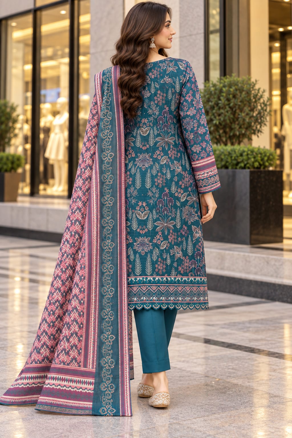 Unstitched Luxury Shine Lawn 3 Piece Embroidered Suit | Front Embroidered Lawn Shirt with Printed Back & Sleeves, Embroidered Dupatta & Dyed Trouser