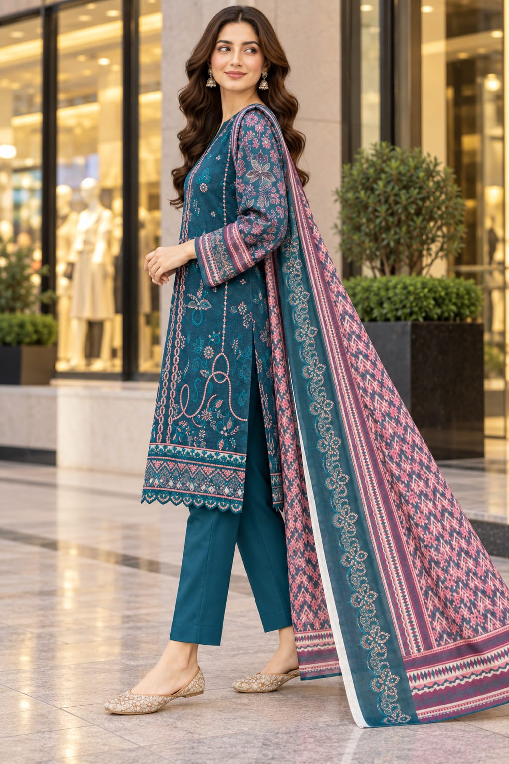 Unstitched Luxury Shine Lawn 3 Piece Embroidered Suit | Front Embroidered Lawn Shirt with Printed Back & Sleeves, Embroidered Dupatta & Dyed Trouser