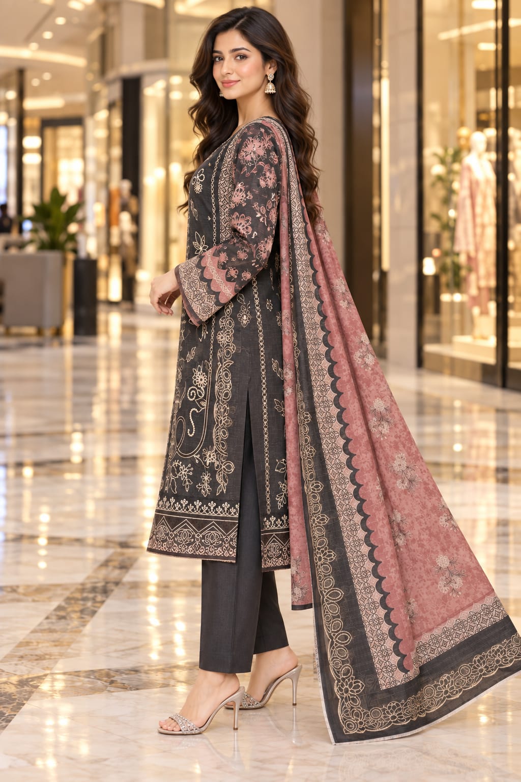 Unstitched Luxury Shine Lawn 3 Piece Embroidered Suit | Front Embroidered Lawn Shirt with Printed Back & Sleeves, Embroidered Dupatta & Dyed Trouser