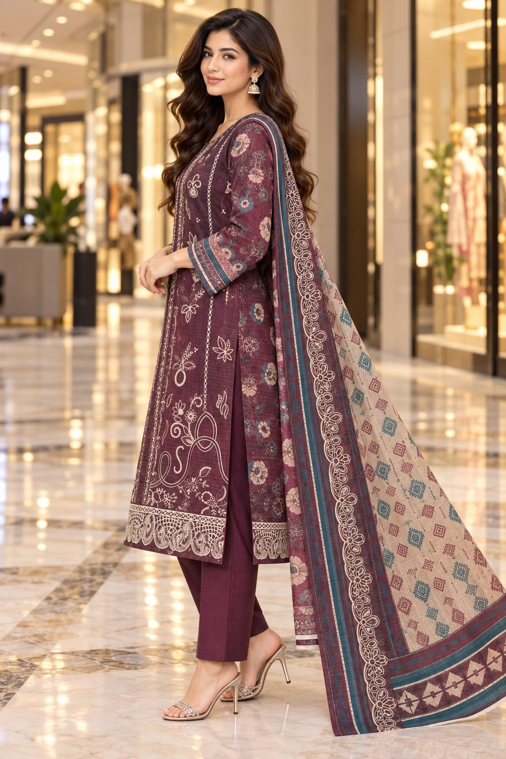 Unstitched Luxury Shine Lawn 3 Piece Embroidered Suit | Front Embroidered Lawn Shirt with Printed Back & Sleeves, Embroidered Dupatta & Dyed Trouser