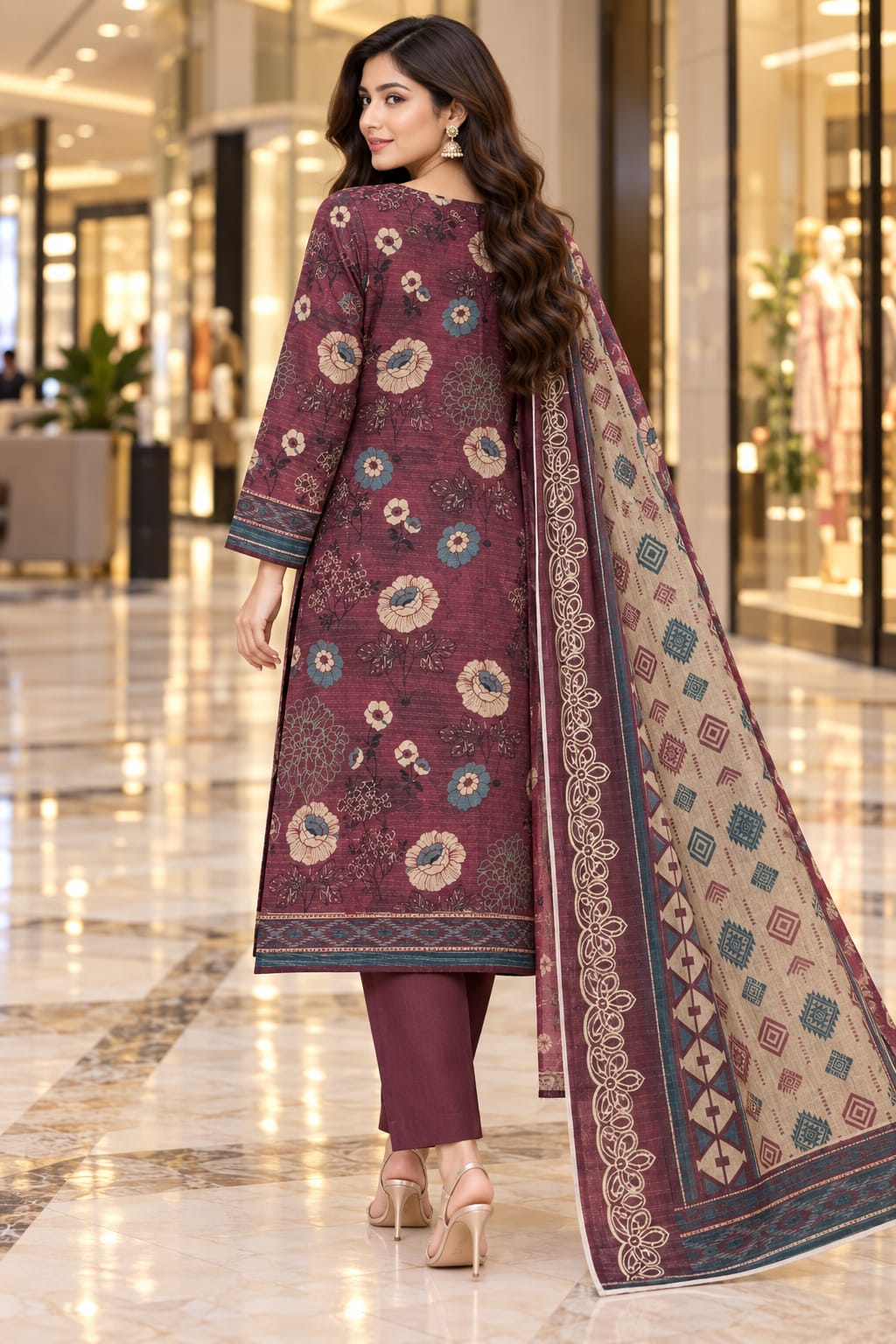 Unstitched Luxury Shine Lawn 3 Piece Embroidered Suit | Front Embroidered Lawn Shirt with Printed Back & Sleeves, Embroidered Dupatta & Dyed Trouser