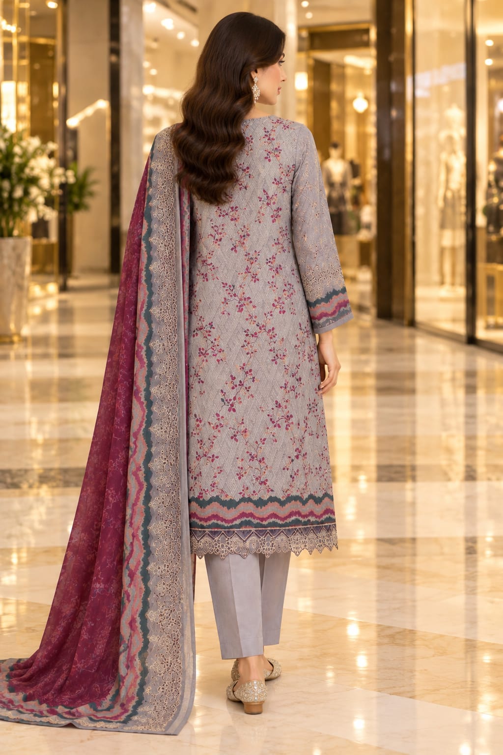 Unstitched Luxury Shine Lawn 3 Piece Embroidered Suit | Front Embroidered Lawn Shirt with Printed Back & Sleeves, Embroidered Dupatta & Dyed Trouser