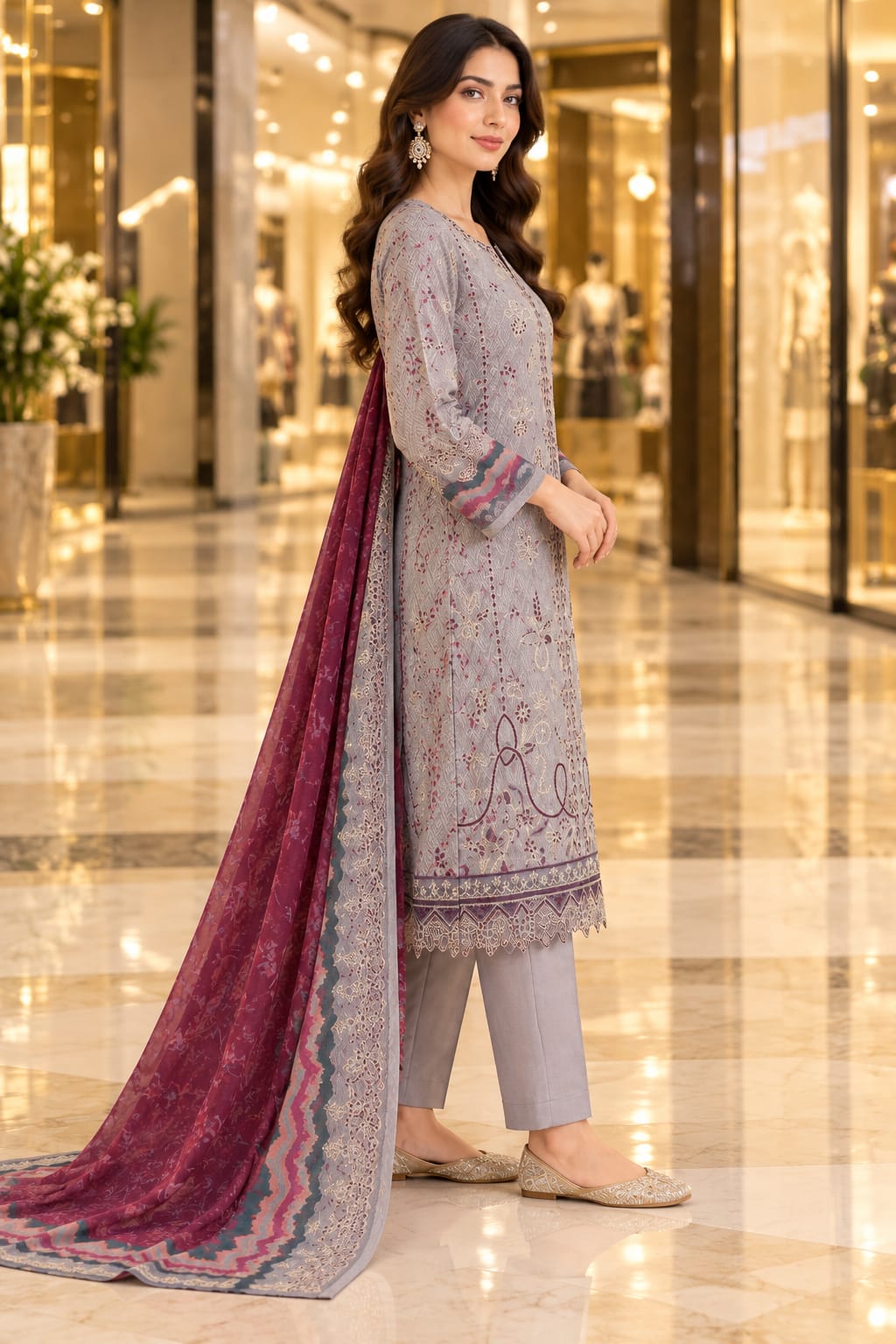 Unstitched Luxury Shine Lawn 3 Piece Embroidered Suit | Front Embroidered Lawn Shirt with Printed Back & Sleeves, Embroidered Dupatta & Dyed Trouser