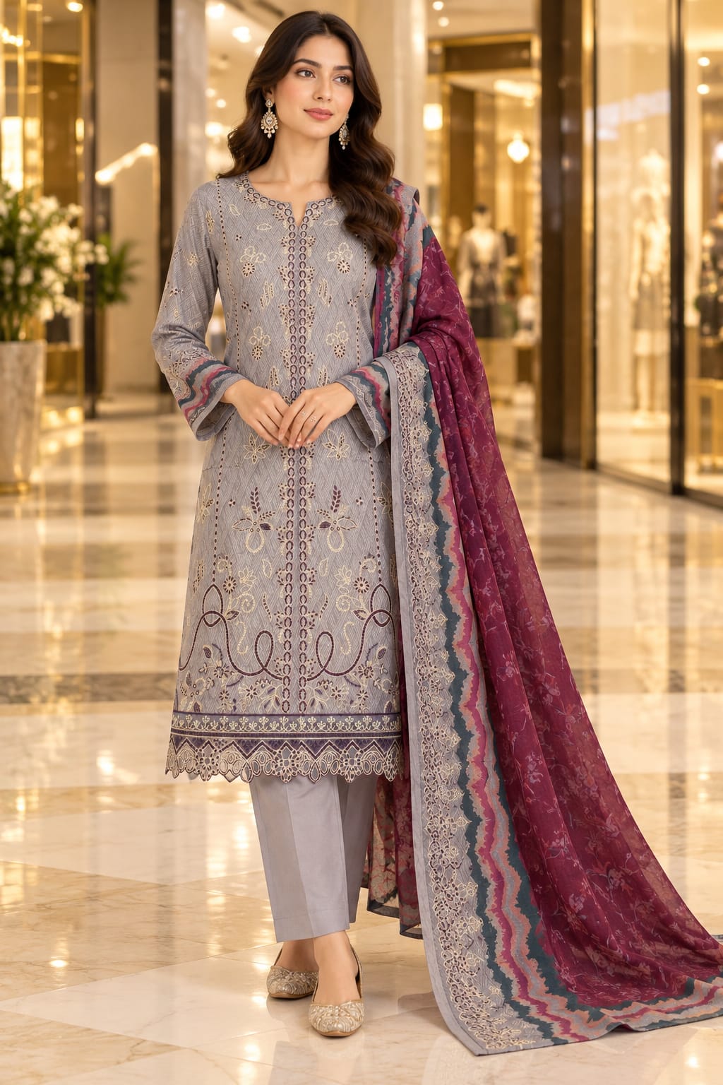 Unstitched Luxury Shine Lawn 3 Piece Embroidered Suit | Front Embroidered Lawn Shirt with Printed Back & Sleeves, Embroidered Dupatta & Dyed Trouser