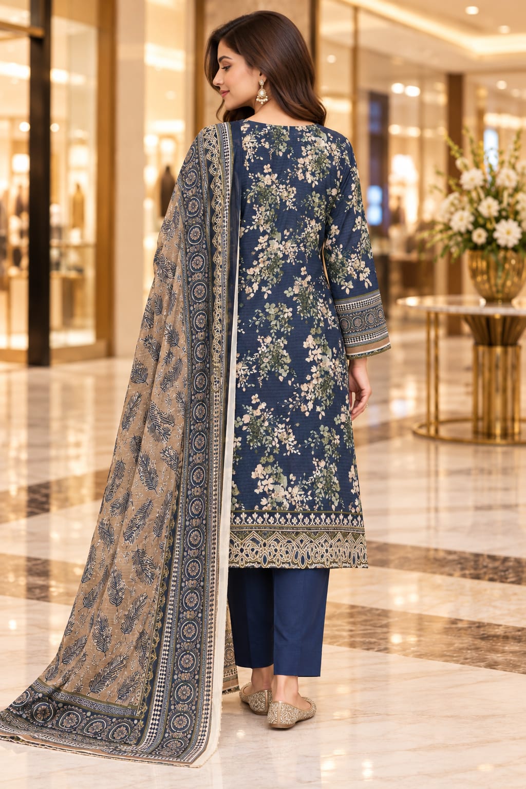 Unstitched Luxury Shine Lawn 3 Piece Embroidered Suit | Front Embroidered Lawn Shirt with Printed Back & Sleeves, Embroidered Dupatta & Dyed Trouser