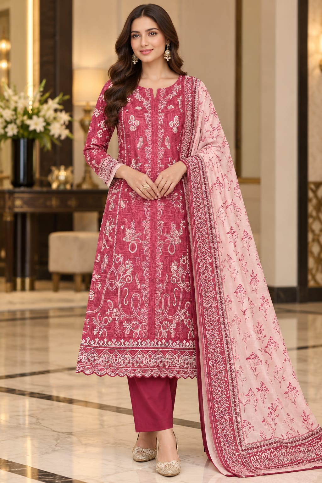 Unstitched Luxury Shine Lawn 3 Piece Embroidered Suit | Front Embroidered Lawn Shirt with Printed Back & Sleeves, Embroidered Dupatta & Dyed Trouser