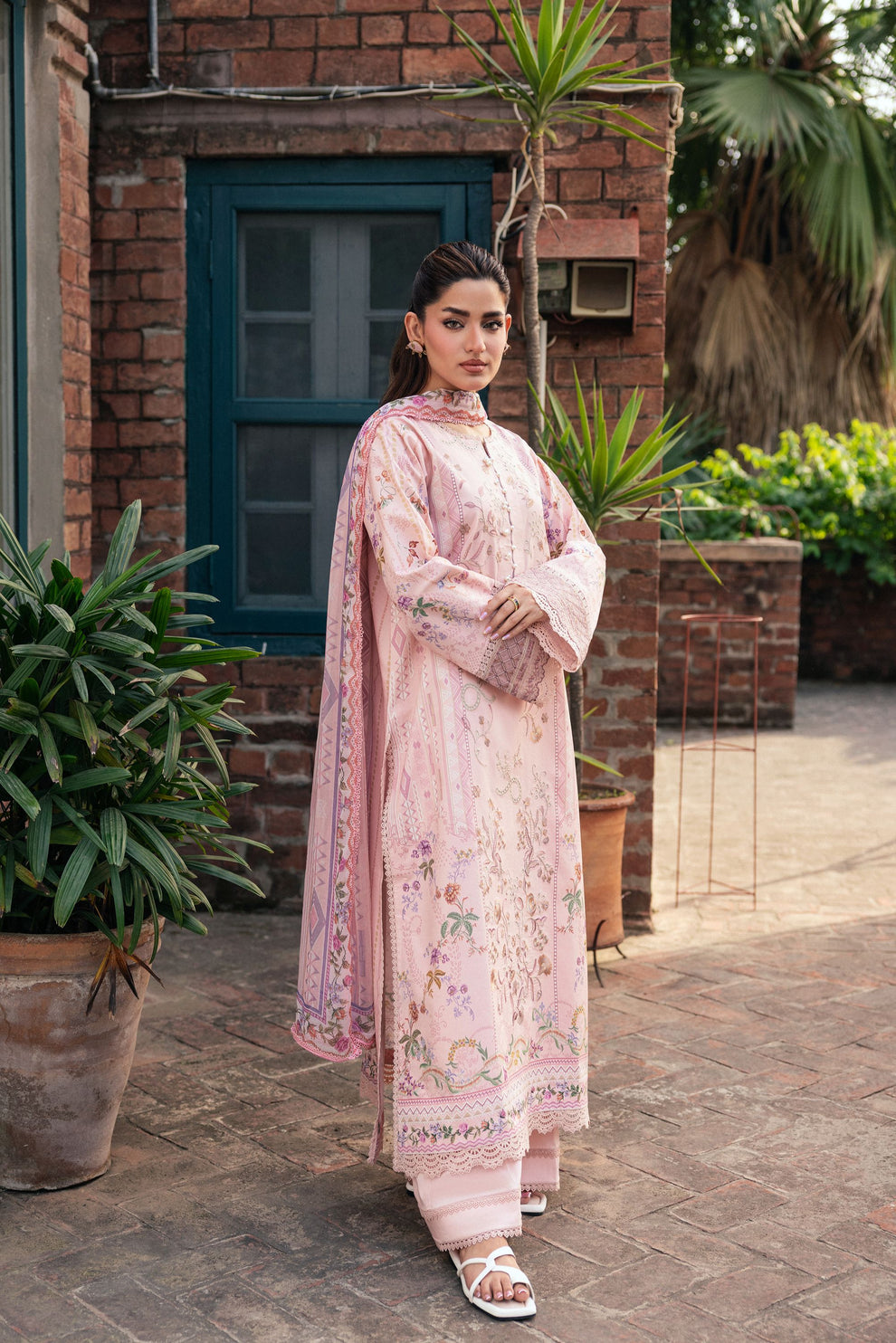 Unstitched 3 Piece Digital Printed Lawn Suit with Embroidered Organza Neckline, Hem & Sleeves Borders | Chiffon Dupatta