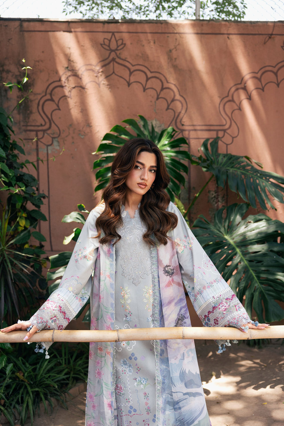 Unstitched 3 Piece Digital Printed Lawn Suit with Embroidered Organza Neckline, Hem & Sleeves Borders | Chiffon Dupatta