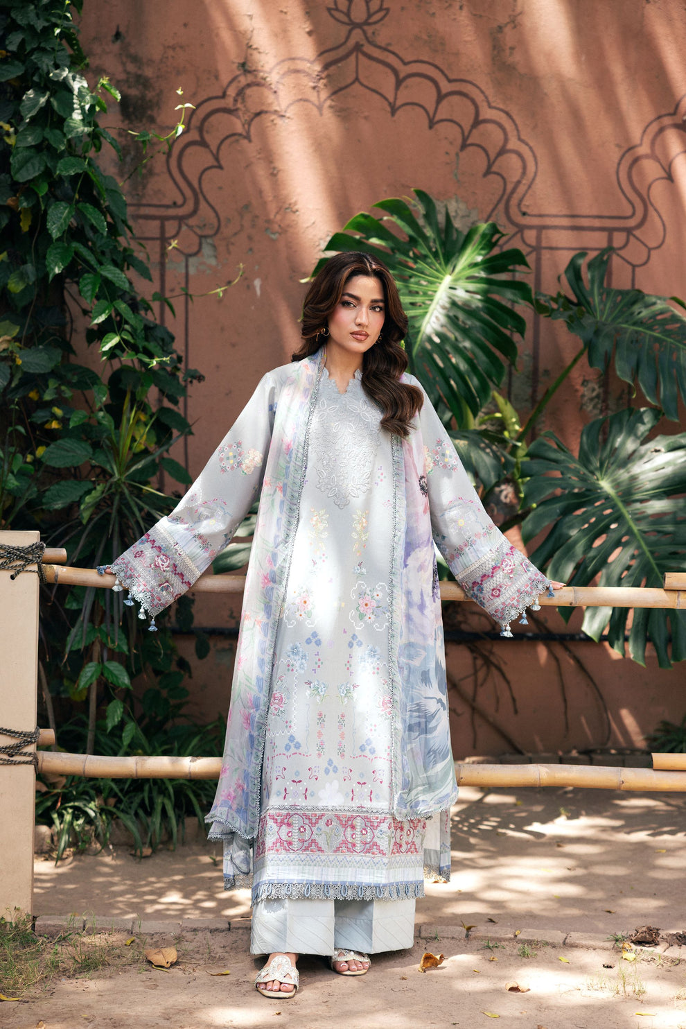Unstitched 3 Piece Digital Printed Lawn Suit with Embroidered Organza Neckline, Hem & Sleeves Borders | Chiffon Dupatta