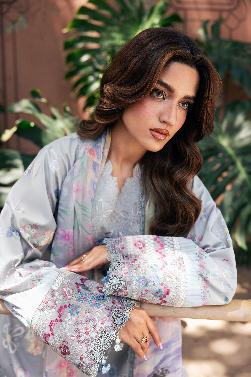 Unstitched 3 Piece Digital Printed Lawn Suit with Embroidered Organza Neckline, Hem & Sleeves Borders | Chiffon Dupatta