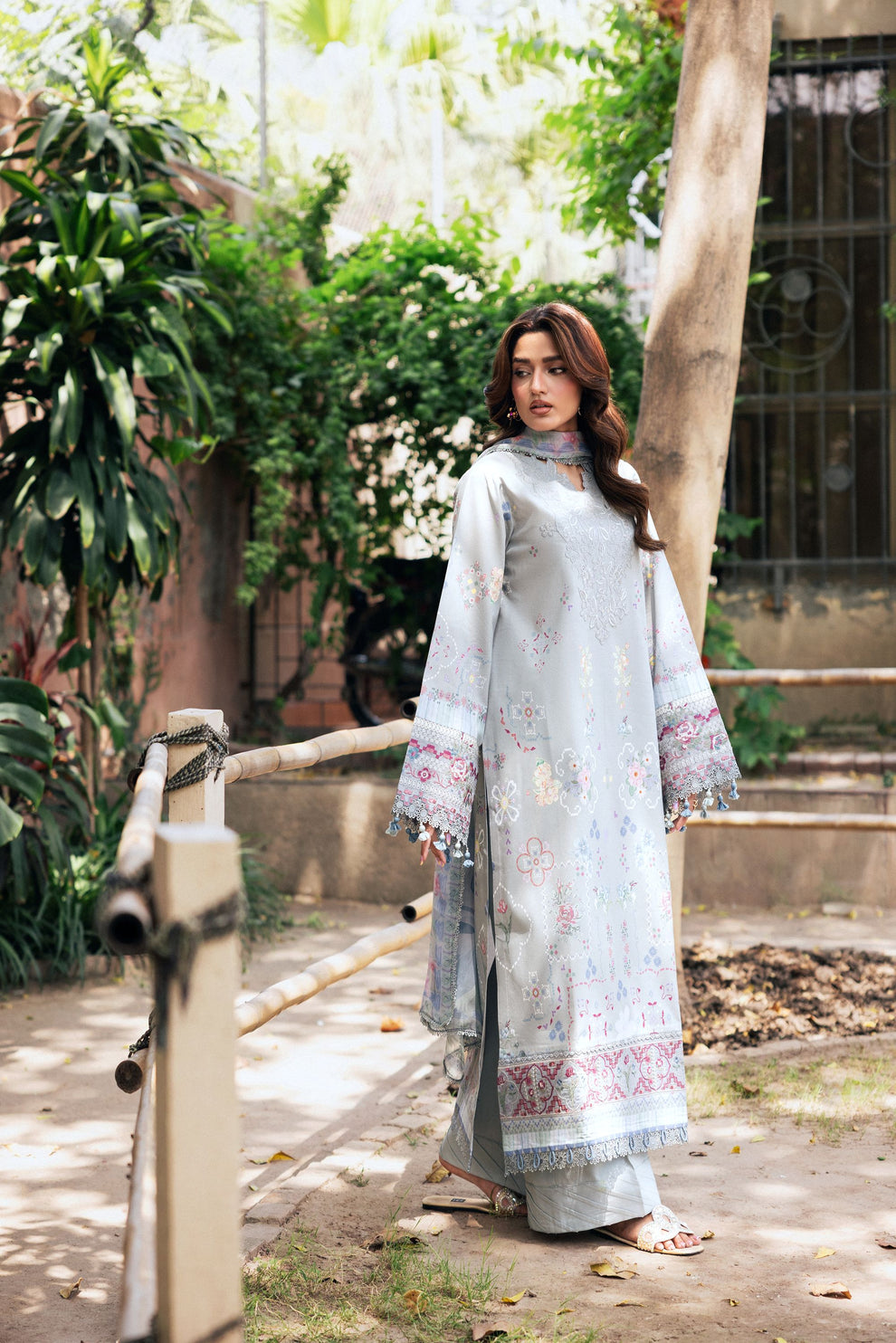 Unstitched 3 Piece Digital Printed Lawn Suit with Embroidered Organza Neckline, Hem & Sleeves Borders | Chiffon Dupatta