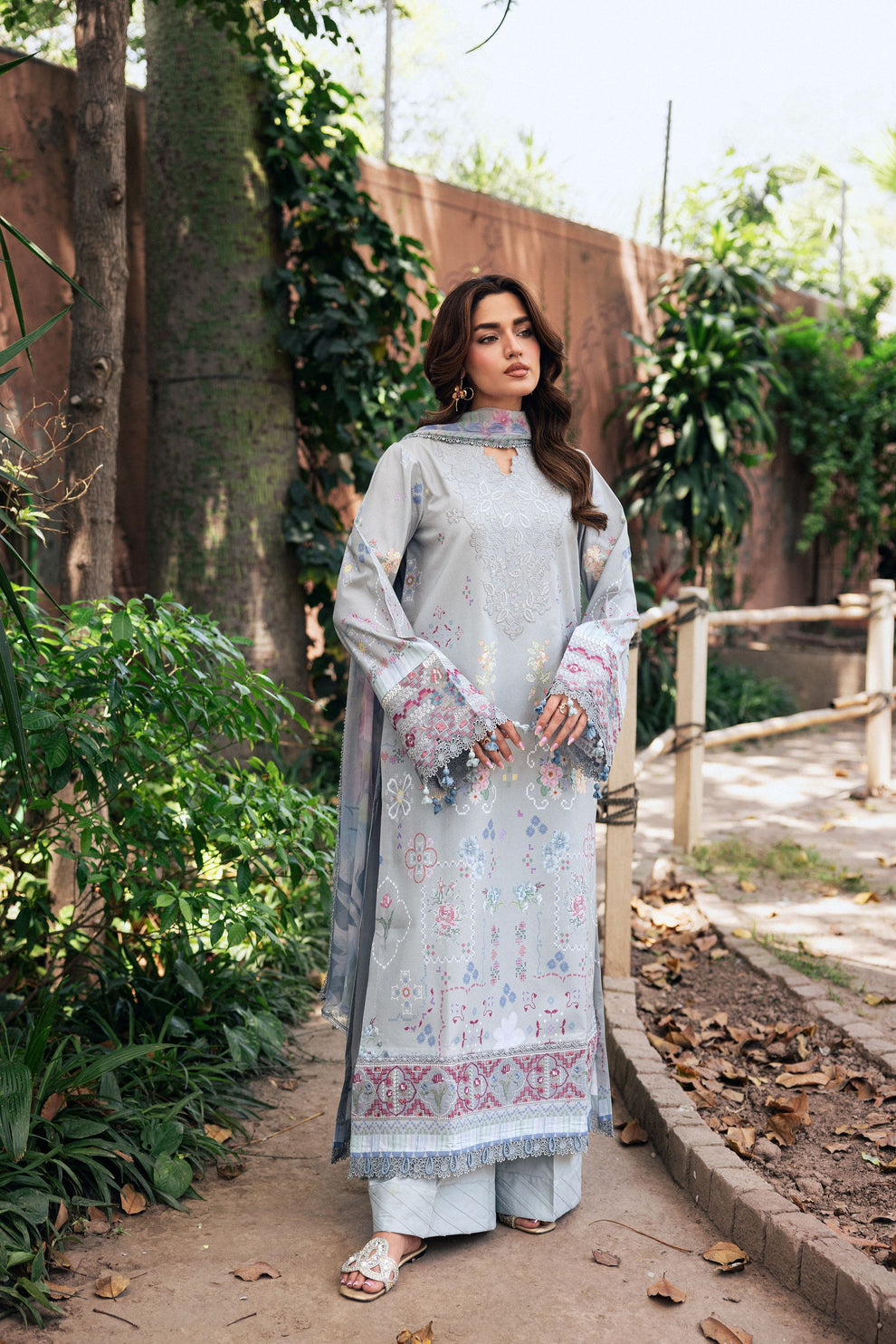 Unstitched 3 Piece Digital Printed Lawn Suit with Embroidered Organza Neckline, Hem & Sleeves Borders | Chiffon Dupatta
