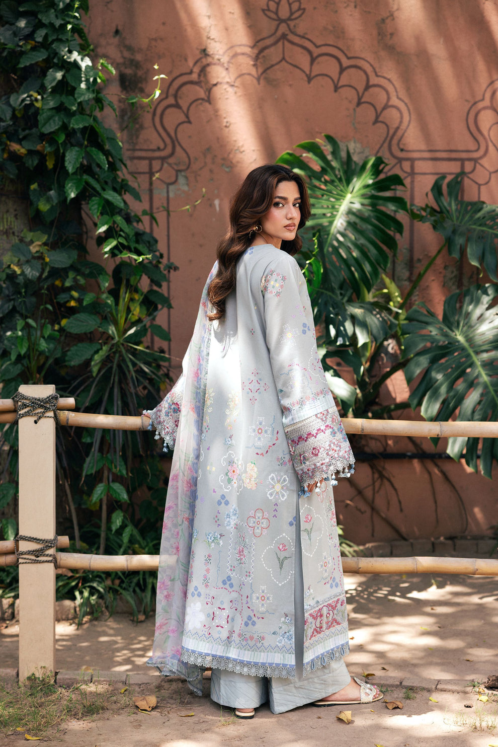 Unstitched 3 Piece Digital Printed Lawn Suit with Embroidered Organza Neckline, Hem & Sleeves Borders | Chiffon Dupatta
