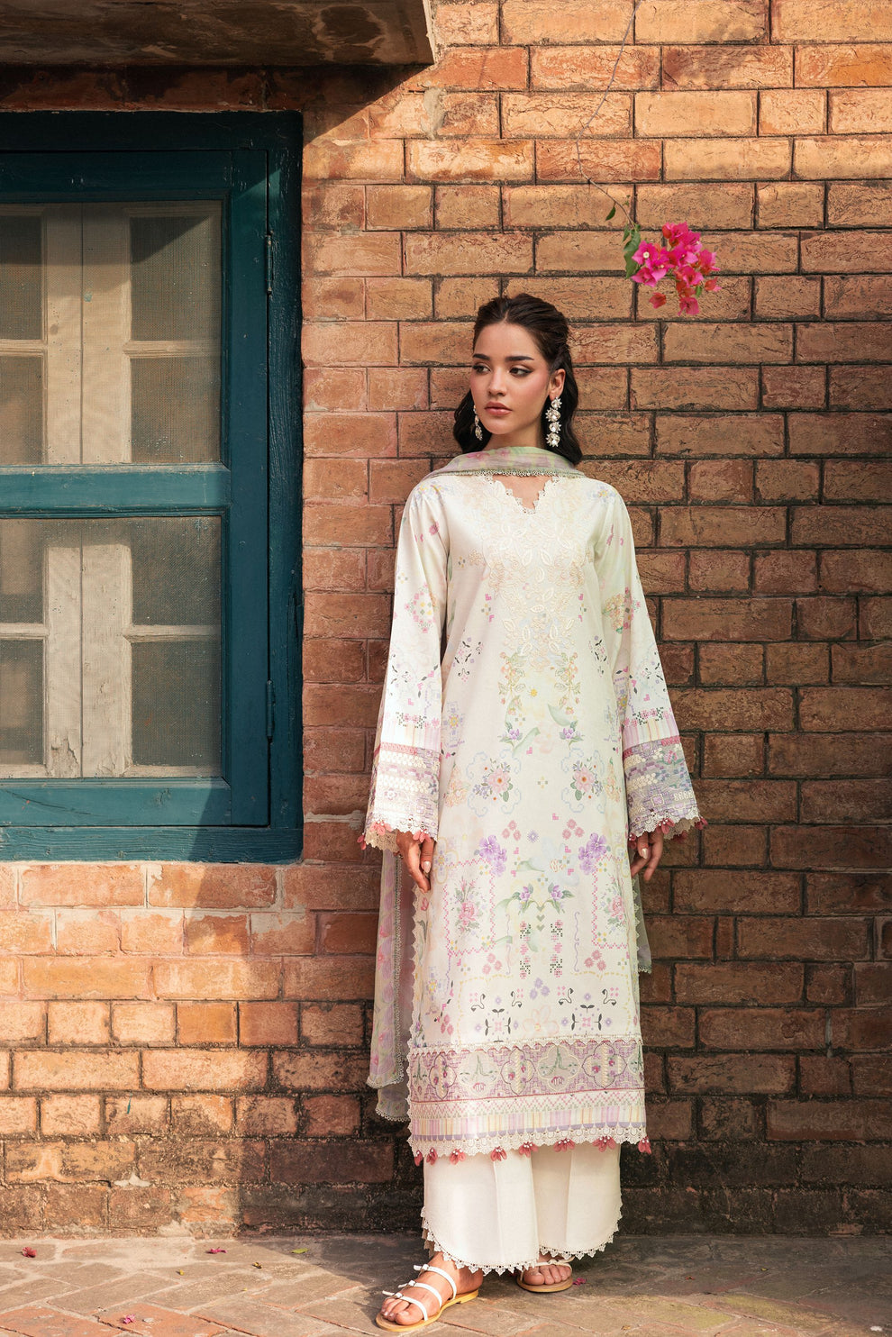 Unstitched 3 Piece Digital Printed Lawn Suit with Embroidered Organza Neckline, Hem & Sleeves Borders | Chiffon Dupatta