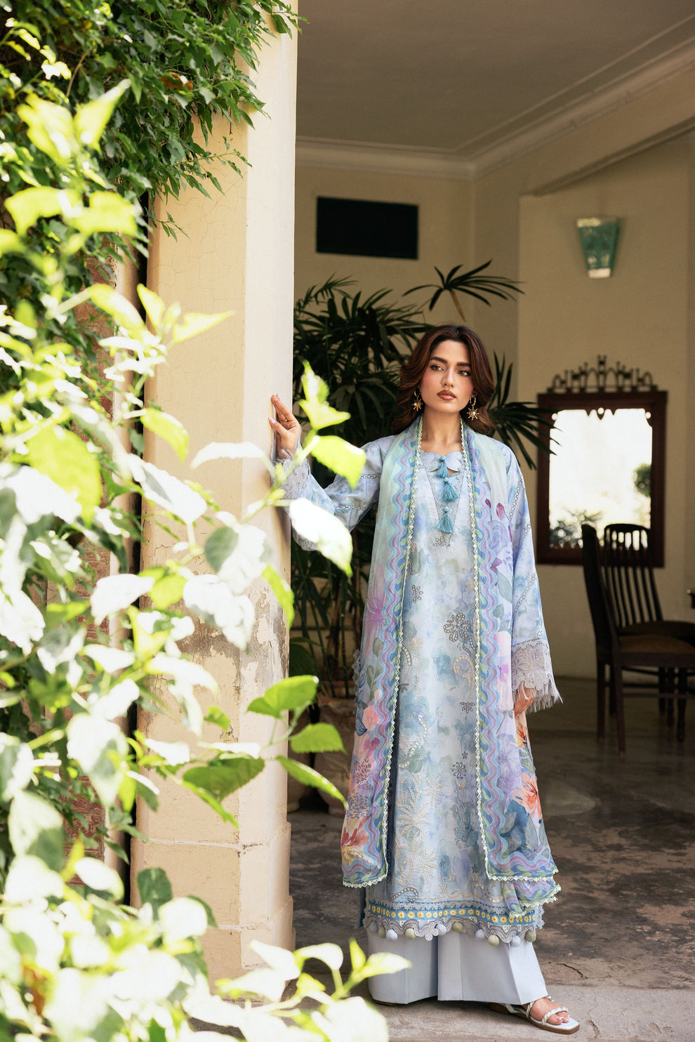 Unstitched 3 Piece Digital Printed Lawn Suit with Embroidered Organza Neckline, Hem & Sleeves Borders | Chiffon Dupatta