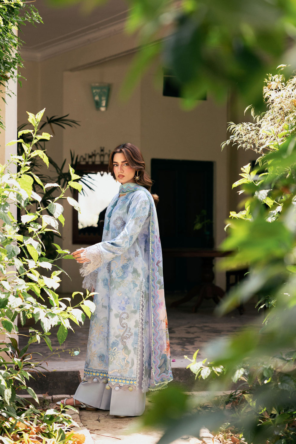 Unstitched 3 Piece Digital Printed Lawn Suit with Embroidered Organza Neckline, Hem & Sleeves Borders | Chiffon Dupatta