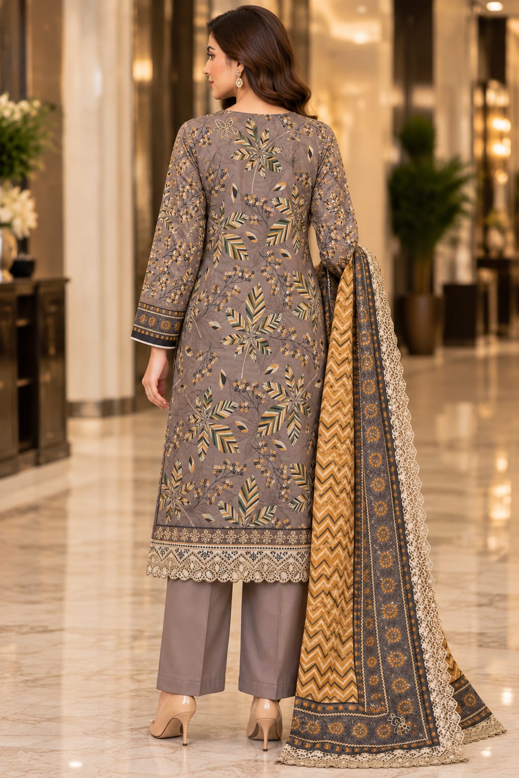 Unstitched Luxury Shine Lawn 3 Piece Embroidered Suit | Front Embroidered Lawn Shirt with Printed Back & Sleeves, Embroidered Dupatta & Dyed Trouser