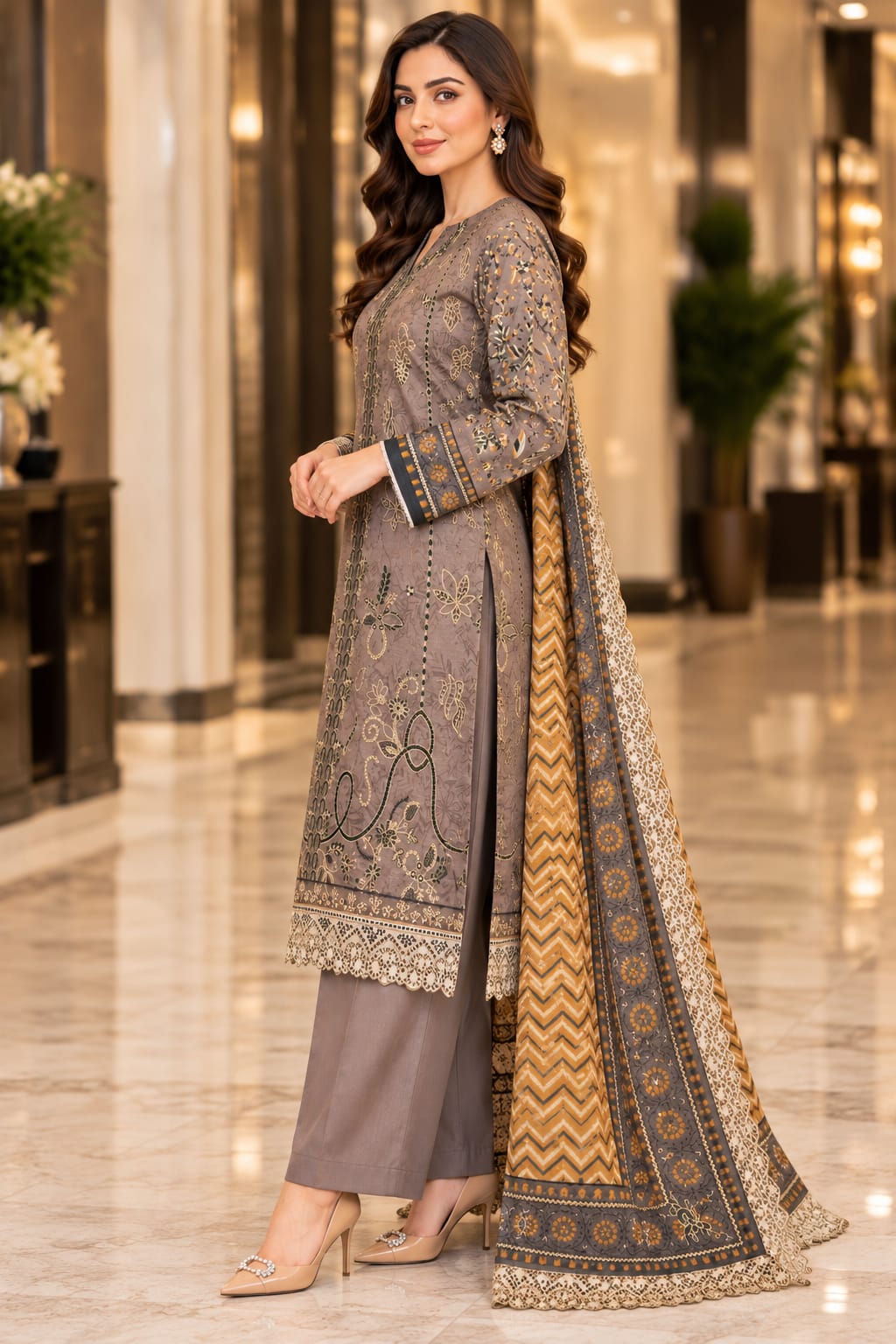 Unstitched Luxury Shine Lawn 3 Piece Embroidered Suit | Front Embroidered Lawn Shirt with Printed Back & Sleeves, Embroidered Dupatta & Dyed Trouser