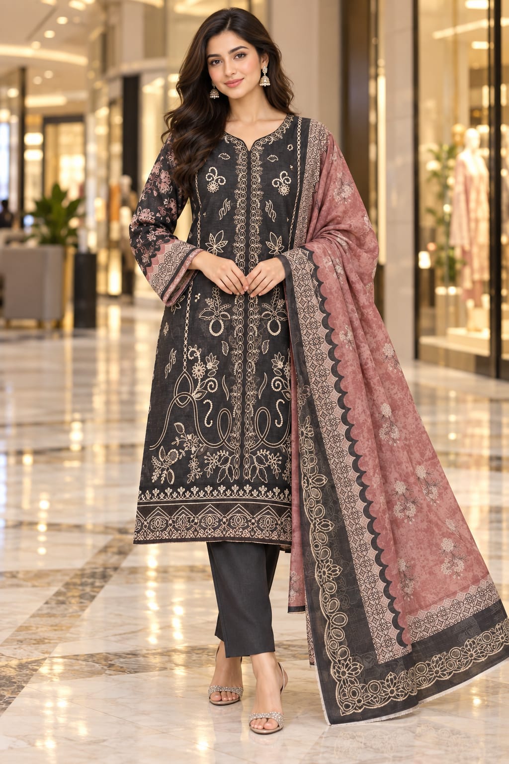 Unstitched Luxury Shine Lawn 3 Piece Embroidered Suit | Front Embroidered Lawn Shirt with Printed Back & Sleeves, Embroidered Dupatta & Dyed Trouser