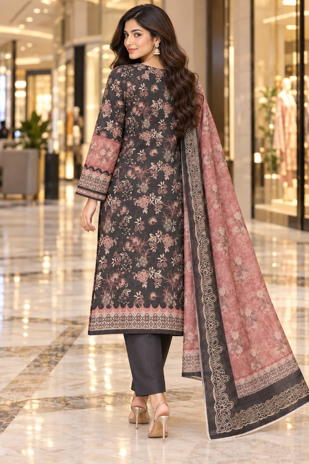 Unstitched Luxury Shine Lawn 3 Piece Embroidered Suit | Front Embroidered Lawn Shirt with Printed Back & Sleeves, Embroidered Dupatta & Dyed Trouser