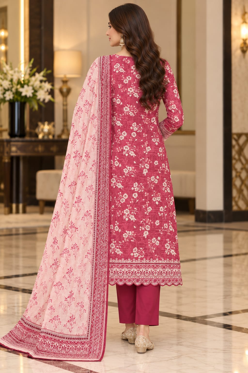 Unstitched Luxury Shine Lawn 3 Piece Embroidered Suit | Front Embroidered Lawn Shirt with Printed Back & Sleeves, Embroidered Dupatta & Dyed Trouser